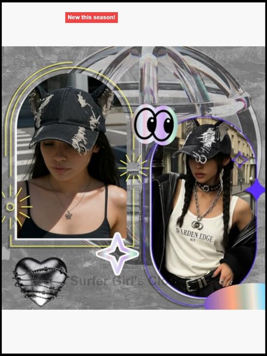Y2K Grunge Denim Baseball Cap with Cat Ears and Chains Punk Hat for Women